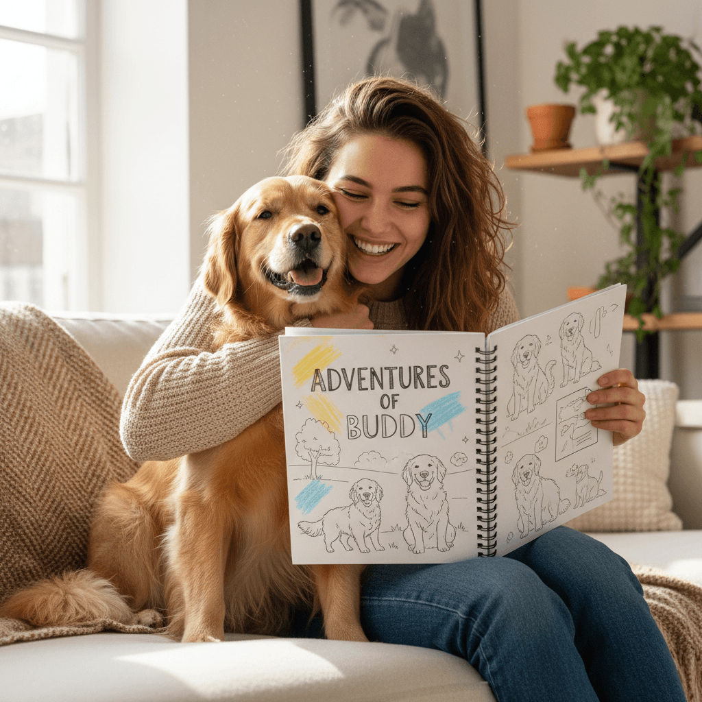 A pet being celebrated with a personalized coloring book made from their photo