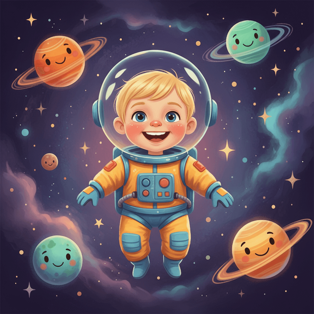 Astronaut adventure coloring page, partly colored